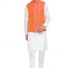 Vastramay Men's White Cotton Silk Blend Kurta, Ethnic Jacket And Pyjama Set