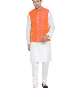 Vastramay Men's White Cotton Silk Blend Kurta, Ethnic Jacket And Pyjama Set