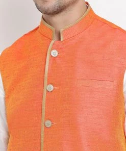 Vastramay Men's White Cotton Silk Blend Kurta, Ethnic Jacket And Pyjama Set