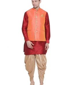 Vastramay Men's Maroon Cotton Silk Blend Ethnic Jacket, Kurta And Dhoti Pant Set