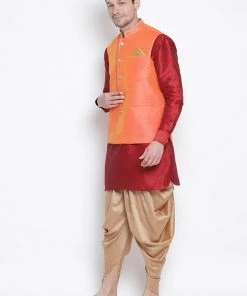 Vastramay Men's Maroon Cotton Silk Blend Ethnic Jacket, Kurta And Dhoti Pant Set