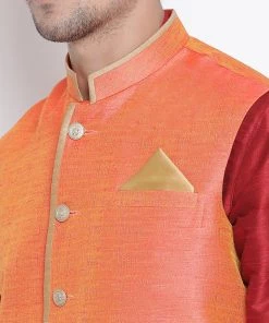 Vastramay Men's Maroon Cotton Silk Blend Ethnic Jacket, Kurta And Dhoti Pant Set