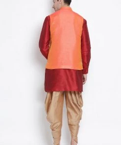 Vastramay Men's Maroon Cotton Silk Blend Ethnic Jacket, Kurta And Dhoti Pant Set