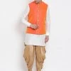 Vastramay Men's White Cotton Silk Blend Ethnic Jacket, Kurta And Dhoti Pant Set