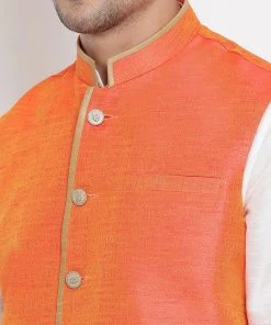 Vastramay Men's White Cotton Silk Blend Ethnic Jacket, Kurta And Dhoti Pant Set 10 Vastramay Men's White Cotton Silk Blend Ethnic Jacket, Kurta And Dhoti Pant Set