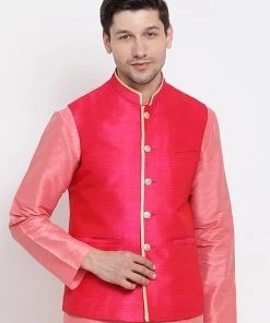VASTRAMAY Men's Pink Cotton Silk Blend Ethnic Jacket