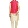 Vastramay Men's Gold Cotton Silk Blend Kurta, Pink Ethnic Jacket And Pyjama Set
