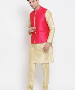 Vastramay Men's Gold Cotton Silk Blend Kurta, Pink Ethnic Jacket And Pyjama Set