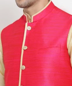 Vastramay Men's Gold Cotton Silk Blend Kurta, Pink Ethnic Jacket And Pyjama Set