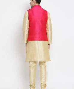 Vastramay Men's Gold Cotton Silk Blend Kurta, Pink Ethnic Jacket And Pyjama Set