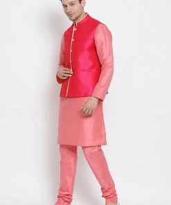 Vastramay Men's Pink Cotton Silk Blend Kurta, Ethnic Jacket And Pyjama Set
