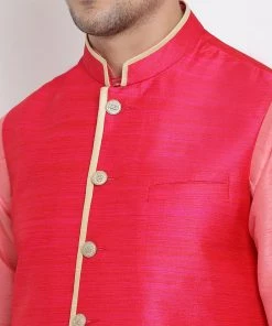 Vastramay Men's Pink Cotton Silk Blend Kurta, Ethnic Jacket And Pyjama Set