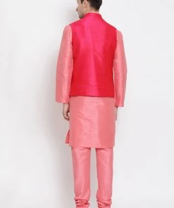 Vastramay Men's Pink Cotton Silk Blend Kurta, Ethnic Jacket And Pyjama Set
