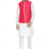 Vastramay Men's White Cotton Silk Blend Kurta, Pink Ethnic Jacket And Pyjama Set