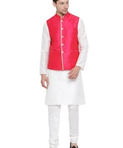 Vastramay Men's White Cotton Silk Blend Kurta, Pink Ethnic Jacket And Pyjama Set