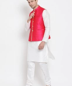 Vastramay Men's White Cotton Silk Blend Kurta, Pink Ethnic Jacket And Pyjama Set