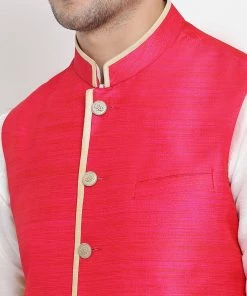 Vastramay Men's White Cotton Silk Blend Kurta, Pink Ethnic Jacket And Pyjama Set 10 Vastramay Men's White Cotton Silk Blend Kurta, Pink Ethnic Jacket And Pyjama Set