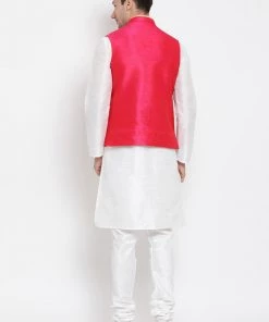 Vastramay Men's White Cotton Silk Blend Kurta, Pink Ethnic Jacket And Pyjama Set 11 Vastramay Men's White Cotton Silk Blend Kurta, Pink Ethnic Jacket And Pyjama Set