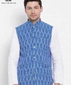 Buy 1 Get 1 VASTRAMAY Men's Blue Cotton Ethnic Jacket