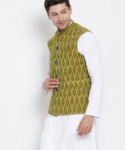 Buy 1 Get 1 VASTRAMAY Men's Green Cotton Ethnic Jacket
