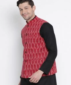 VASTRAMAY Men's Maroon Cotton Ethnic Jacke Buy 1 Get 1