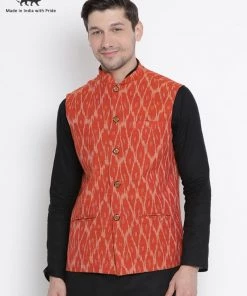 VASTRAMAY Men's Orange Cotton Ethnic Jacket Nehru Jacket