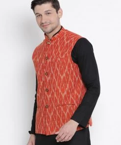 VASTRAMAY Men's Orange Cotton Ethnic Jacket Nehru Jacket