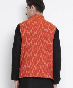 VASTRAMAY Men's Orange Cotton Ethnic Jacket Nehru Jacket