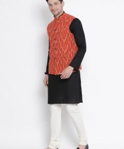 Vastramay Kurta Sets Men's Black Cotton Kurta, Ethnic Jacket And Pyjama Set