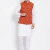 Vastramay Men's White Cotton Kurta, Orange Ethnic Jacket And Pyjama Set