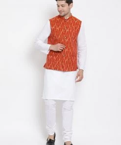 Vastramay Men's White Cotton Kurta, Orange Ethnic Jacket And Pyjama Set