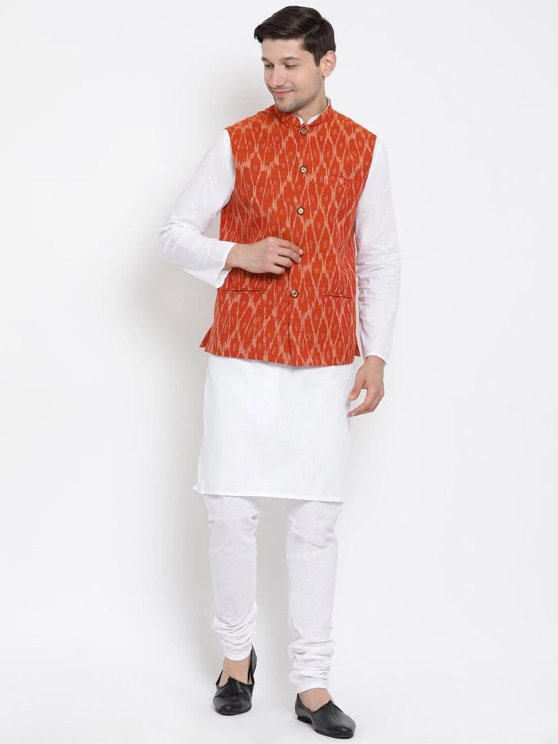 Vastramay Men's White Cotton Kurta, Orange Ethnic Jacket And Pyjama Set 3 Vastramay Men's White Cotton Kurta, Orange Ethnic Jacket And Pyjama Set