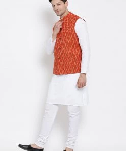 Vastramay Men's White Cotton Kurta, Orange Ethnic Jacket And Pyjama Set