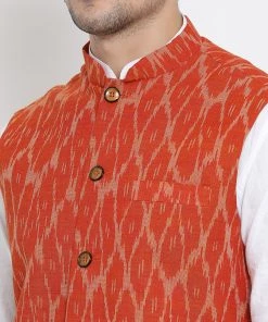 Vastramay Men's White Cotton Kurta, Orange Ethnic Jacket And Pyjama Set 10 Vastramay Men's White Cotton Kurta, Orange Ethnic Jacket And Pyjama Set