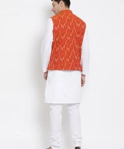 Vastramay Men's White Cotton Kurta, Orange Ethnic Jacket And Pyjama Set 11 Vastramay Men's White Cotton Kurta, Orange Ethnic Jacket And Pyjama Set