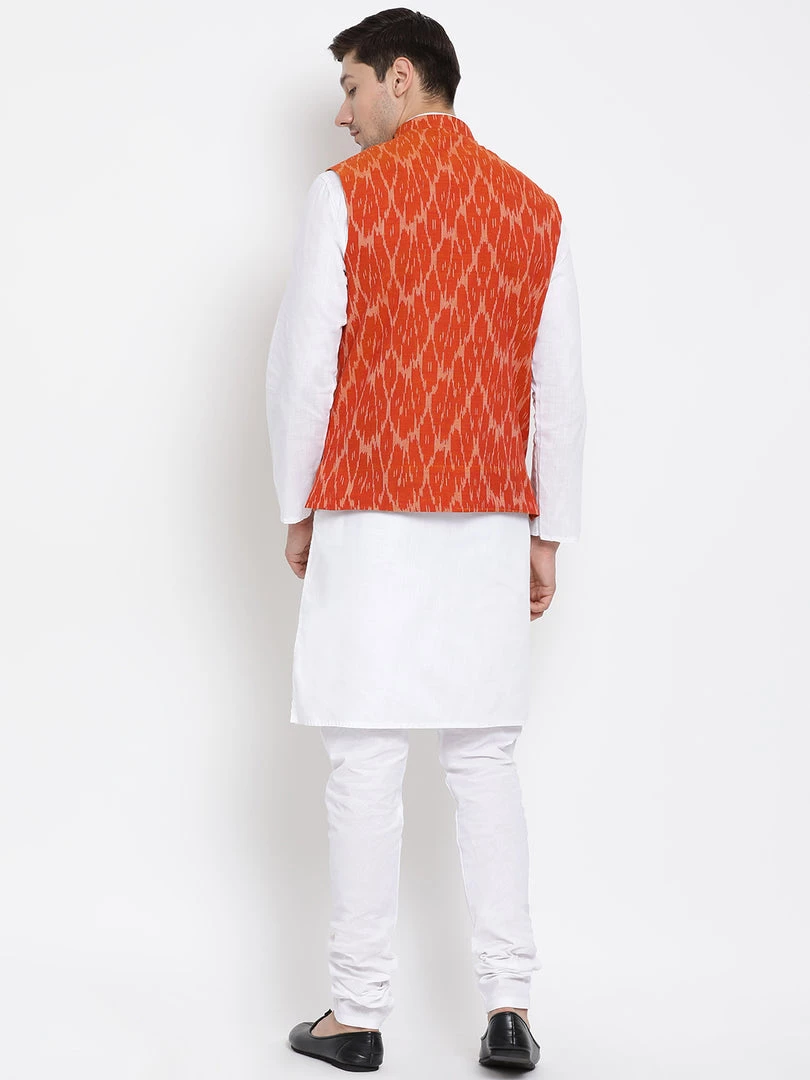 Vastramay Men's White Cotton Kurta, Orange Ethnic Jacket And Pyjama Set 6 Vastramay Men's White Cotton Kurta, Orange Ethnic Jacket And Pyjama Set