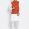 Vastramay Men's White Cotton Kurta, Orange Ethnic Jacket And Pyjama Set