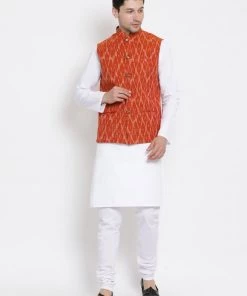 Vastramay Men's White Cotton Kurta, Orange Ethnic Jacket And Pyjama Set