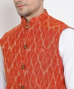 Vastramay Men's White Cotton Kurta, Orange Ethnic Jacket And Pyjama Set