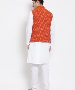 Vastramay Men's White Cotton Kurta, Orange Ethnic Jacket And Pyjama Set