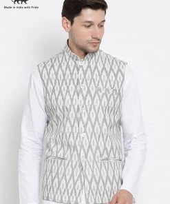 Vastramay Men's White And Grey Cotton Ethnic Jacket