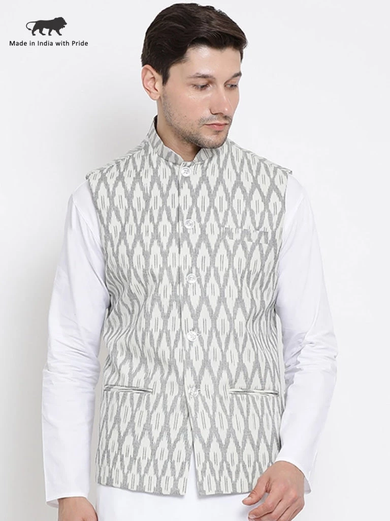Vastramay Men's White And Grey Cotton Ethnic Jacket 3 Vastramay Men's White And Grey Cotton Ethnic Jacket