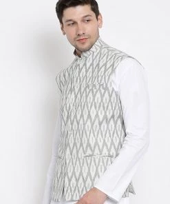 Vastramay Men's White And Grey Cotton Ethnic Jacket