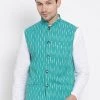VASTRAMAY Men's Aqua Blue Cotton Ethnic Jacket