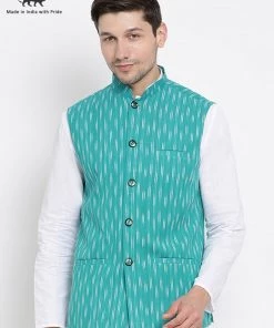 VASTRAMAY Men's Aqua Blue Cotton Ethnic Jacket