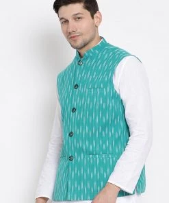 VASTRAMAY Men's Aqua Blue Cotton Ethnic Jacket