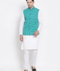 VASTRAMAY Men's Aqua Blue Cotton Ethnic Jacket