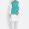 Vastramay Men's White Cotton Kurta, Ethnic Jacket And Pyjama Set
