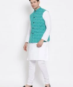 Vastramay Men's White Cotton Kurta, Ethnic Jacket And Pyjama Set