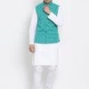 Vastramay Men's White Cotton Kurta, Ethnic Jacket And Pyjama Set